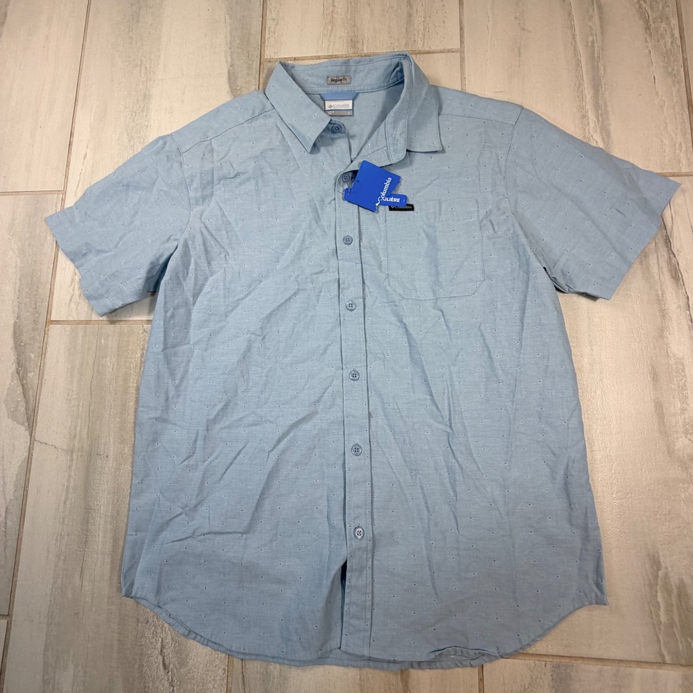 Columbia Mens AM4950 Regular Fit Short Sleeve Cotton Button Down Shirt Blue L
